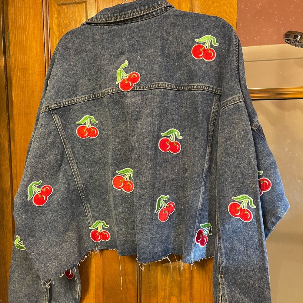Boohoo Blue Denim Jacket with Cherry Embroidery - Picture 2 of 2